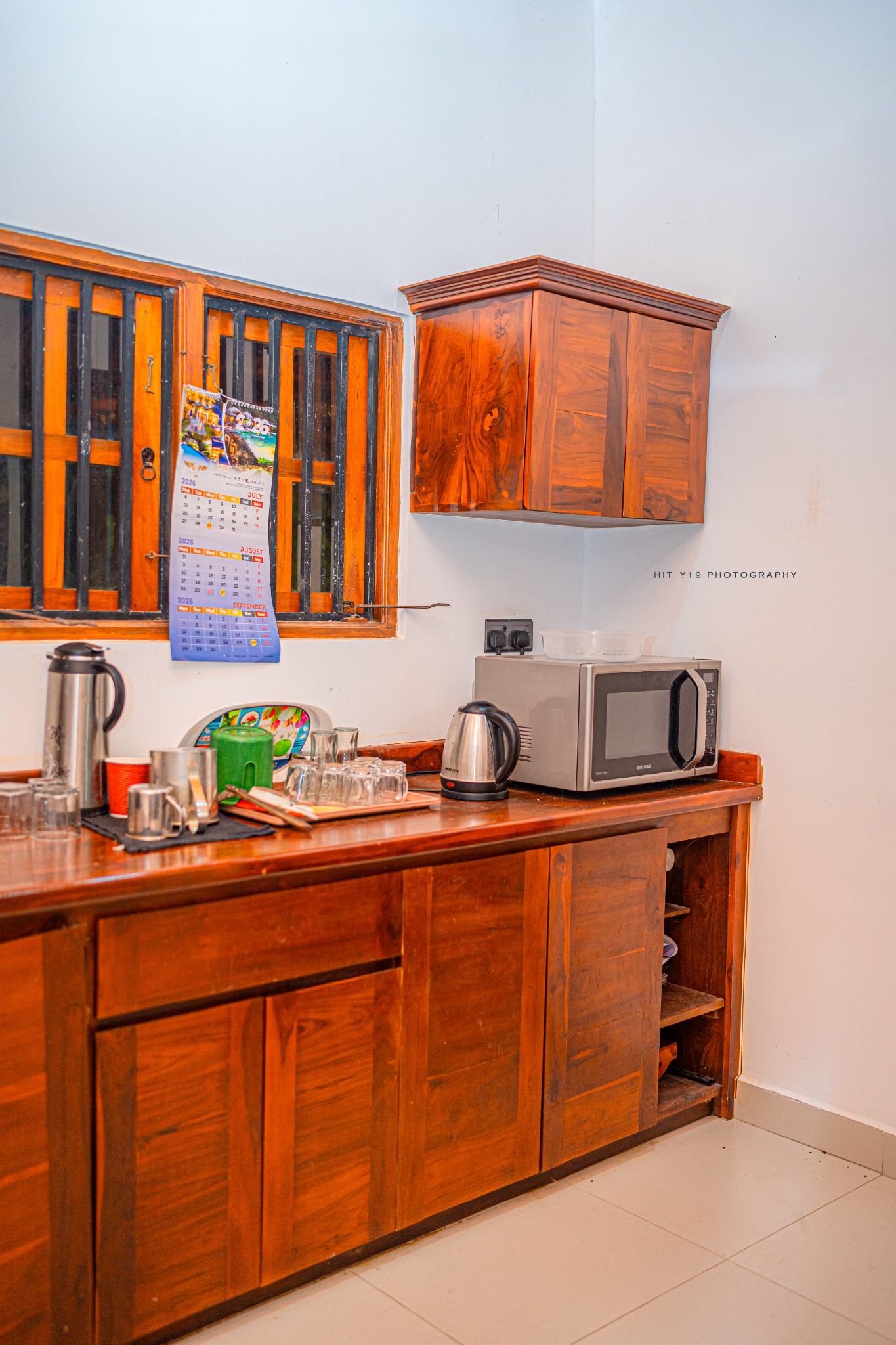 Kitchen counter with microwave and kettle